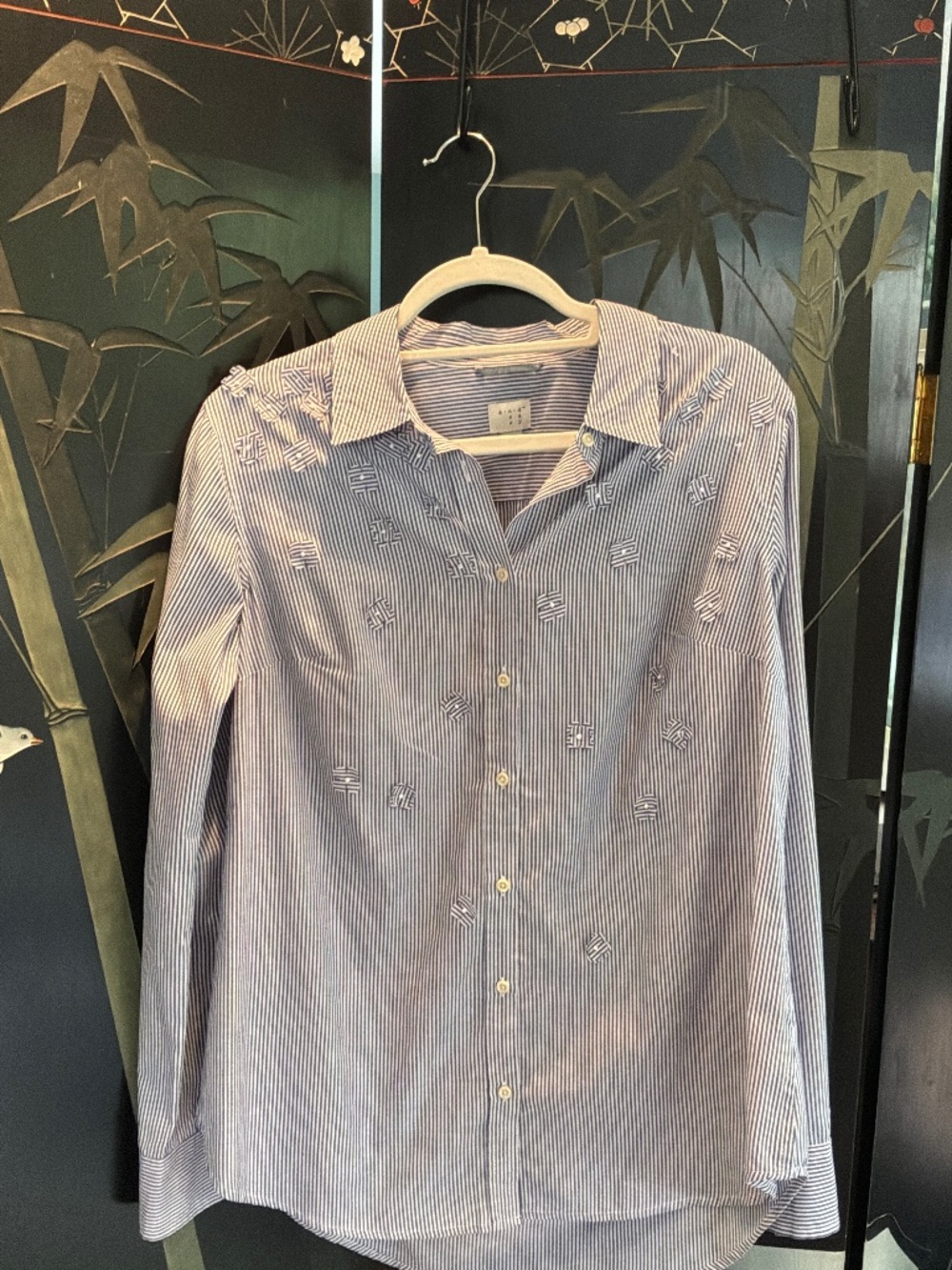 A New Day Blue White Striped Flower Applique Button Down Shirt Large